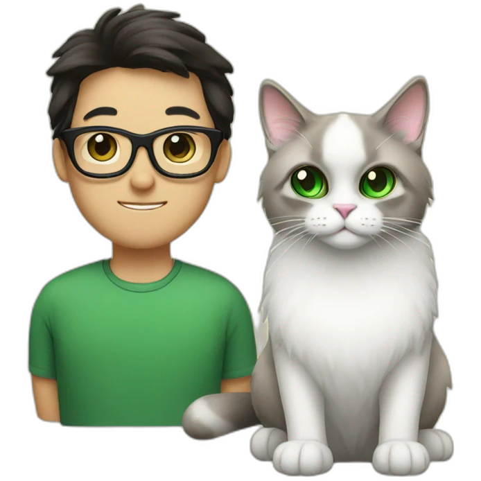Ragdoll cat in between Asian man with glasses and white girl with green eyes emoji