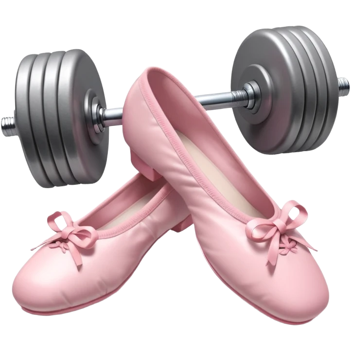 A high-quality 3D icon of pink ballet shoes next to a grey dumbbell. Soft studio lighting, cute and glossy texture. emoji