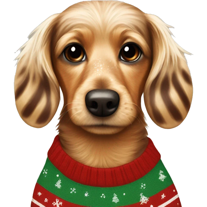 Speckled blonde and brown hairy dachsund wearing a stripy Christmas jumper emoji