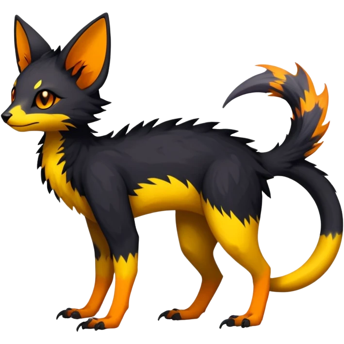 Rare realistic exotic edgy dark gothic gloomy spooky black and orange/yellow epic pretty beautiful handsome gorgeous aesthetic colorful vibrant Vernid-Trico-species-Fakemon-creature by LiLaiRa, 4 legs, 1 tail, random markings, (full body) emoji