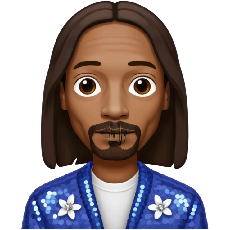 Snoop Dogg with long dark brown hair, periwinkle sequin outfit emoji