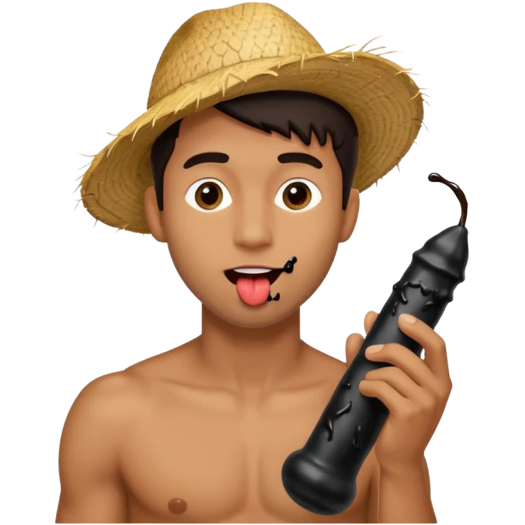 Handsome man licking a black dripping dildo with a coconut behind him   emoji