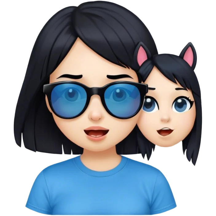 A girl with black bob hair with pony, wearing black sunglasses，funny(0.5) face (0.5)，wacky expression, a blue t-shirt. lovely. cute emoji