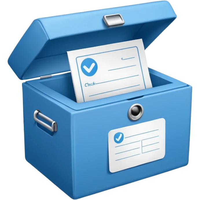 A paper blue box with a check in side emoji