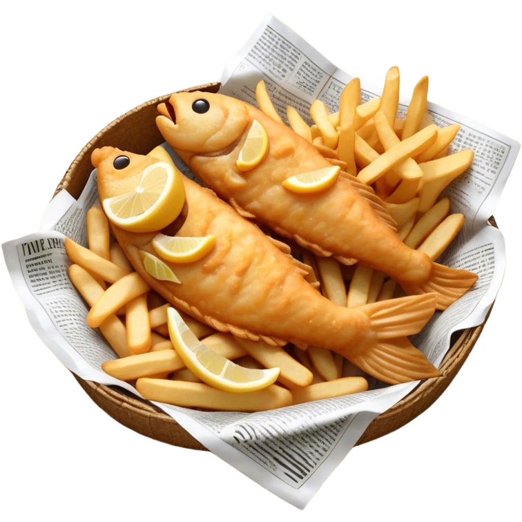 Cinematic Realistic Fish and Chips Dish Emoji, depicted with crispy golden battered fish and chunky hand‚Äêcut chips served in traditional newspaper wrapping, rendered with mouth‚Äêwatering texture and warm natural lighting that captures its quintessential British charm. emoji