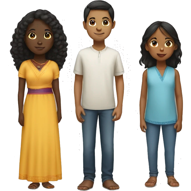 A black girl, a Chinese boy and an Indian girl emoji