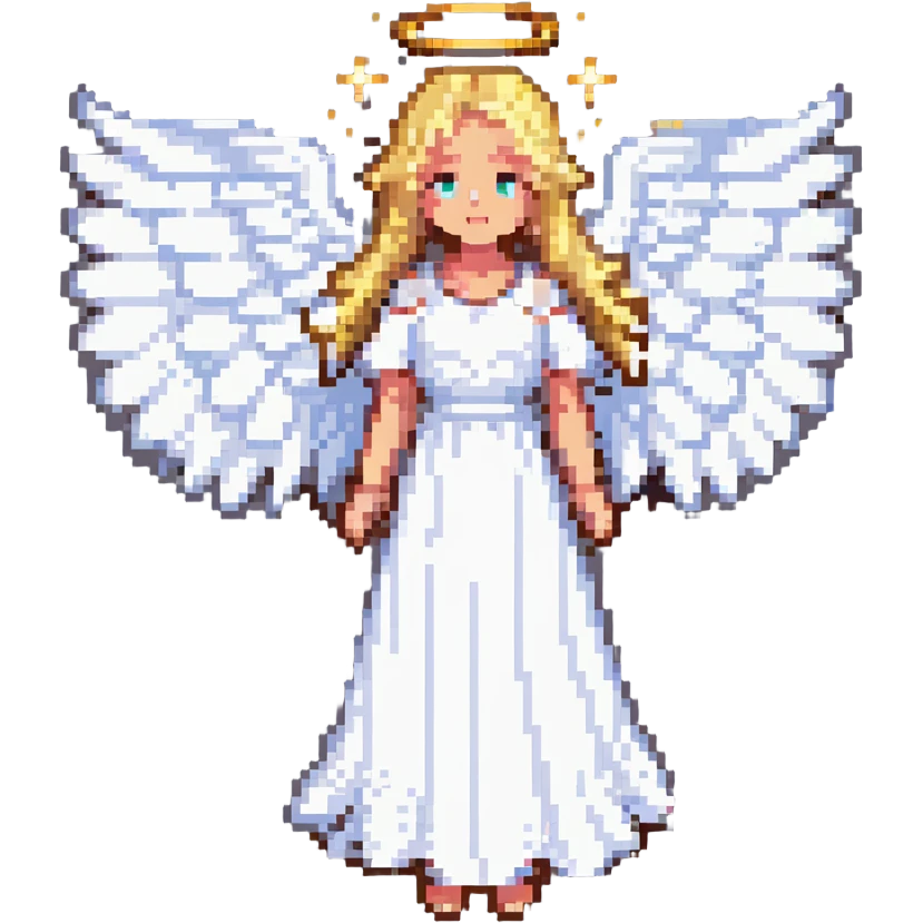 blonde angel girl with glowing white wings, gentle halo above her head, wearing flowing white dress, radiating purity and light, pixel art emoji style emoji