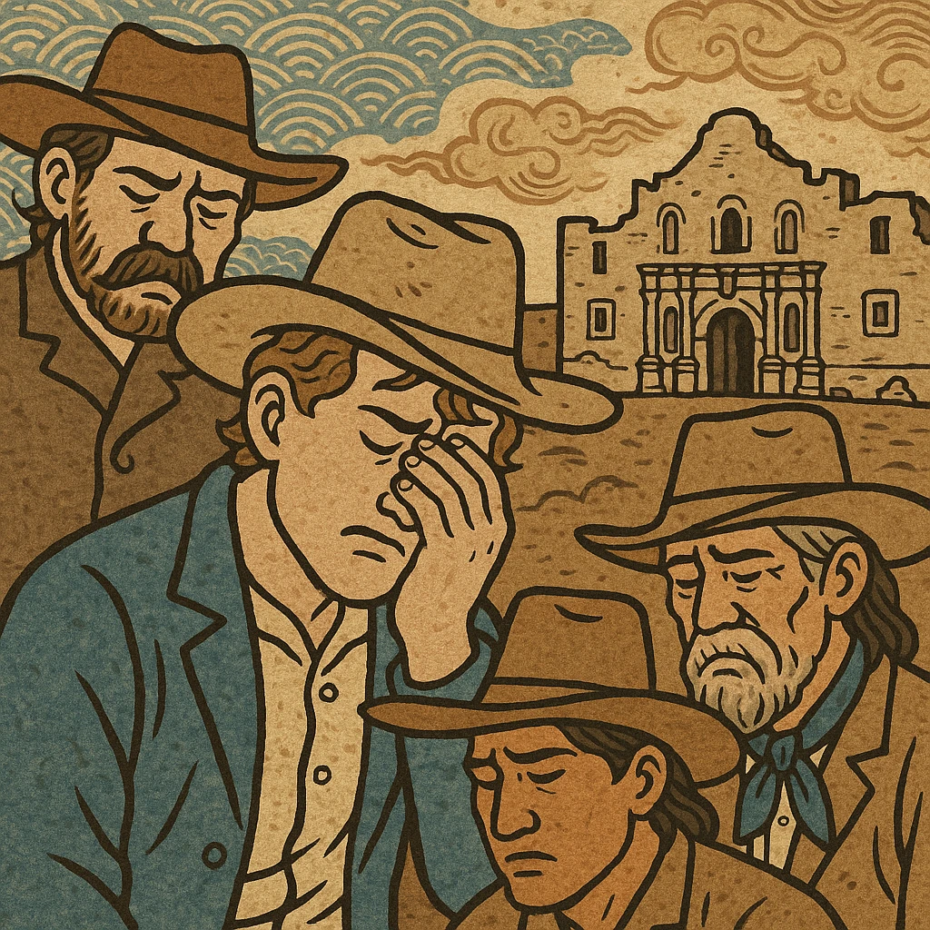 illustration of Texans in sorrow after the Alamo, traditional Japanese art influence emoji