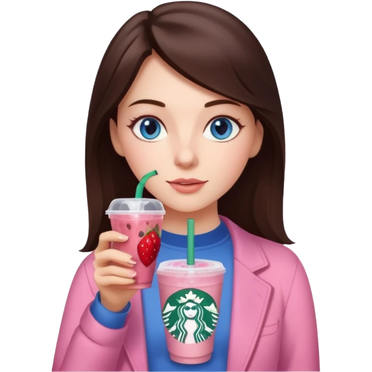 make an emoji of a brunette blue eye girl wearing light pink drinking a strawberry acai refresher from starbucks emoji