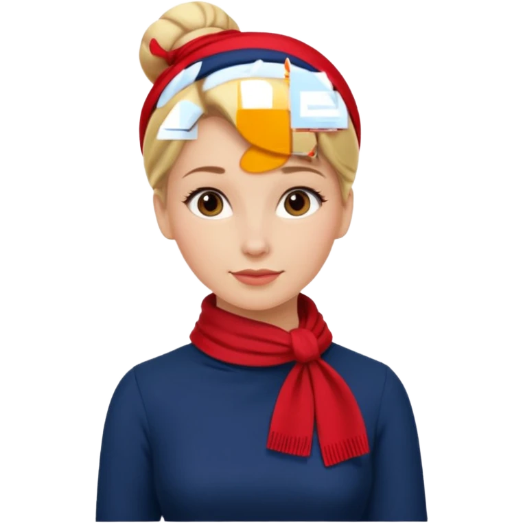 hace falta de vuelo rubia, con un moño y un vestido azul marino, liso con un pañuelo de color rojo emoji