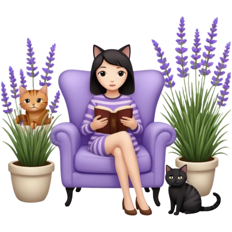 moji illustration, full body woman reading a book on a cozy armchair in a lavender garden, two separate cats next to her (one solid black cat, one brown tabby cat with stripes), small side table with coffee mug, soft peaceful vibe emoji