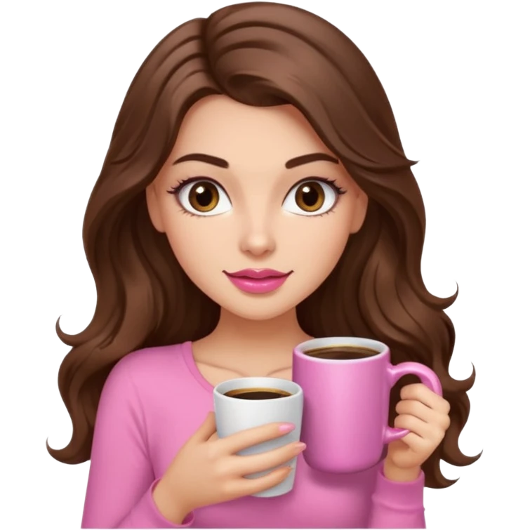 girl with long wavy brown hair, brown eyes, long lashes,sexy pink lips, light to medium complexion, pink sexy top, with a coffee mug emoji