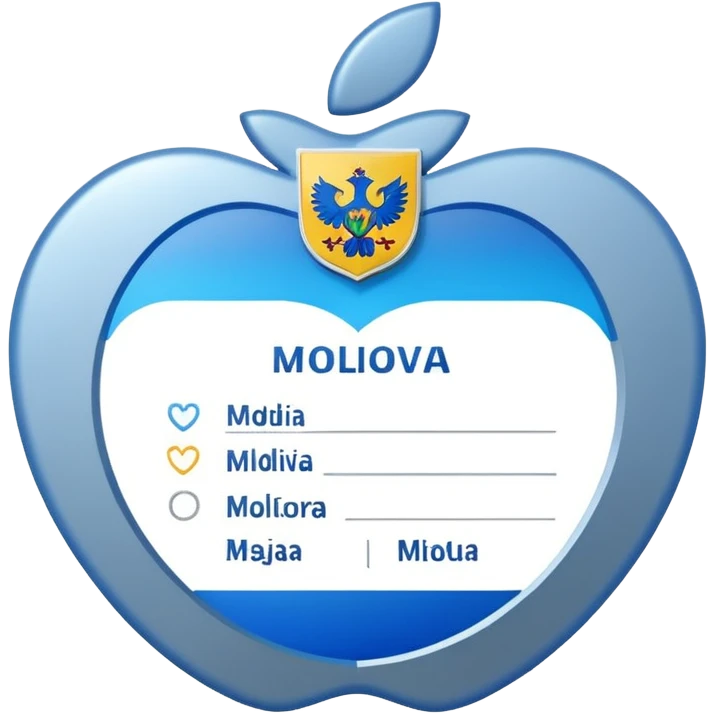 rounded business ID card with blue-silver gradient background, placeholder lines for text, generic photo silhouette on left, Moldova-inspired heraldic icon in top-left corner, soft gloss and subtle shadow, Apple emoji style emoji