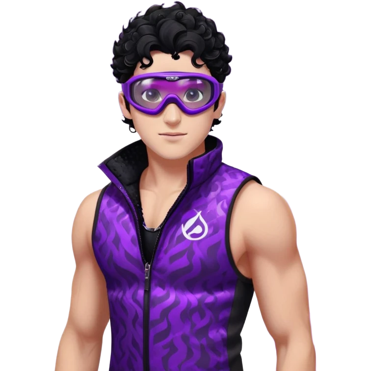 male athlete with white skin and moderately curly black hair on top with shaved sides, wearing ski goggles with purple frames and very dark black lenses, a simple plain black chain necklace, and a completely unzipped sleeveless vest with purple and black sequin fire pattern design, fully revealing his chest, shoulders and arms, no earrings emoji