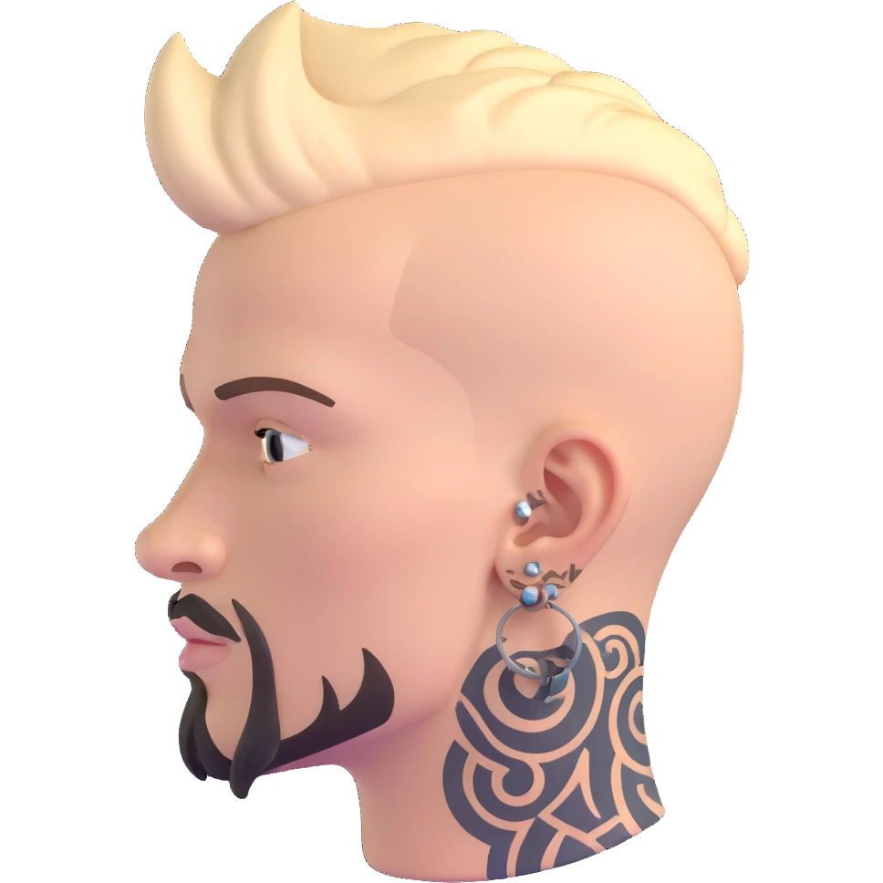 head of a white man with a goatee, mohawk, earring, and head tattoo emoji
