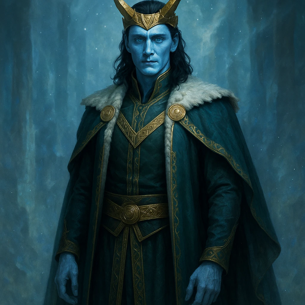 Loki, king of Asgard, with icy blue eyes, frost giant features, elegant royal robes, mystical background emoji