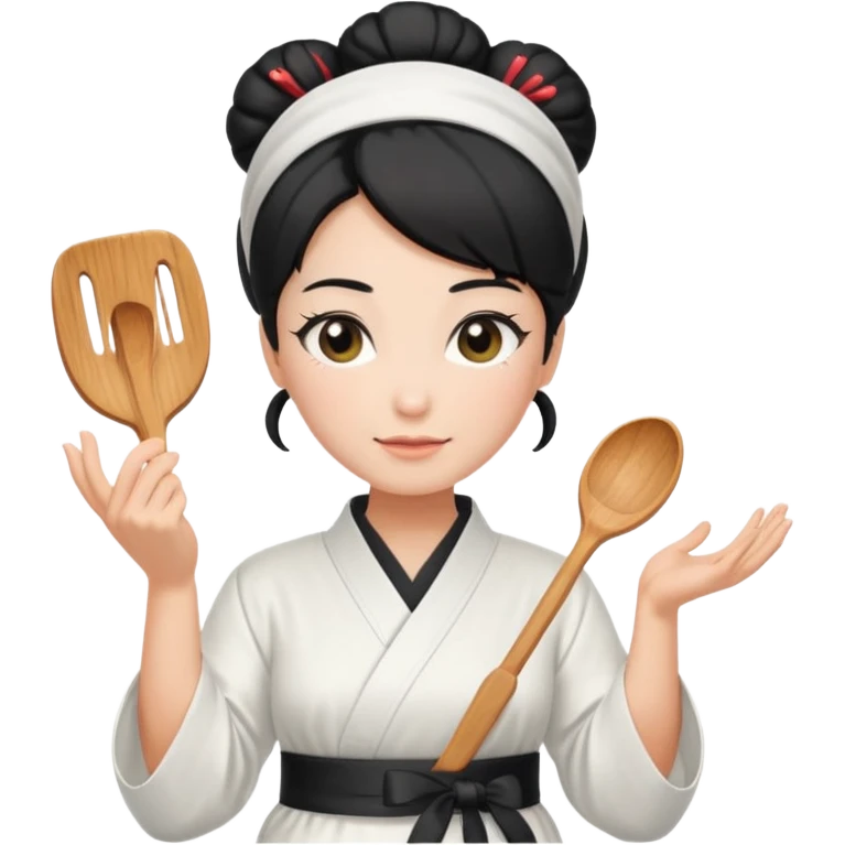 middle age mom with black bun wearing white home kimono and white apron emoji