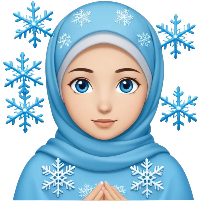 Turkish beautiful finish Konya girl blue eyes with light blue winter design hijab islamic dress and had on her hand snowflakes  emoji