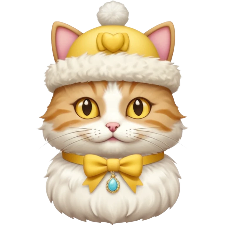 cat wearing a creamy cake hat with fun necklace around his neck and a yellow bow in the middle emoji