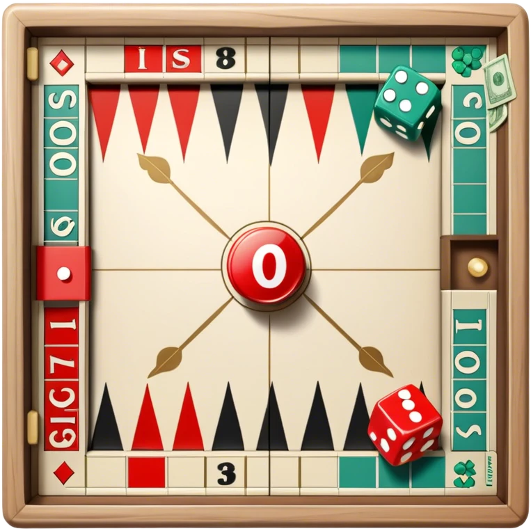 A photorealistic icon featuring a backgammon board with dice, a Monopoly board with money and property cards and a Game of Life spinner. The design captures the detailed textures of the boards, pieces, and accessories. Transparent background. emoji