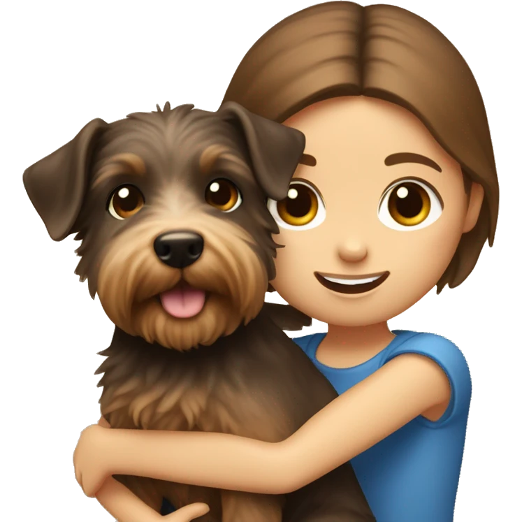Yorkshite terrier being held by a girl with brown hair, brown eyes and fair skin. emoji