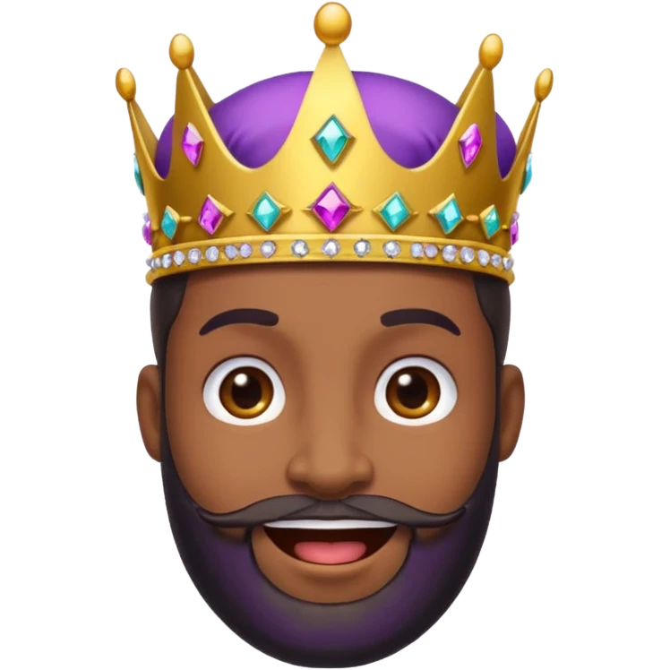 Create a cartoon-style emoji of Baltasar, one of the Three Wise Men. Only show his face and crown. He has a joyful expression, black beard, and a purple and gold crown with jewels. Make it colorful, simple, and suitable as an emoji. emoji