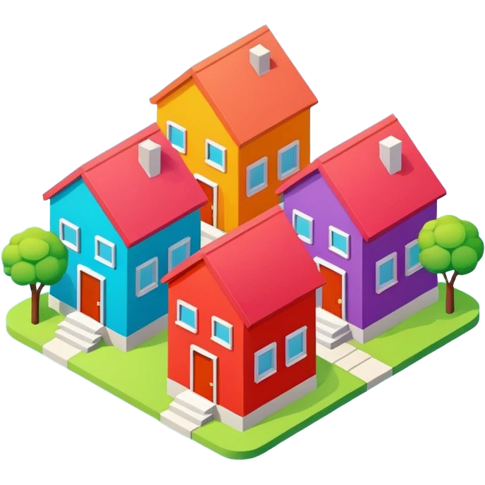 group of 3 houses representing neighborhood isometric houses on transparent background similar in style to the iphone icons emoji