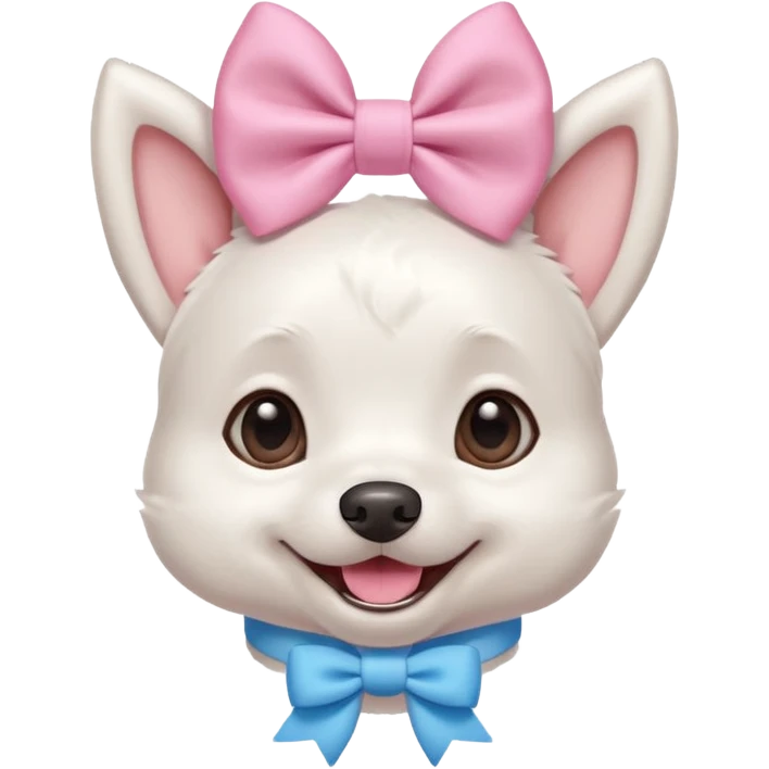 a cute white dog wearing a pink blue pastel bow on his head while he smiles excitedly emoji