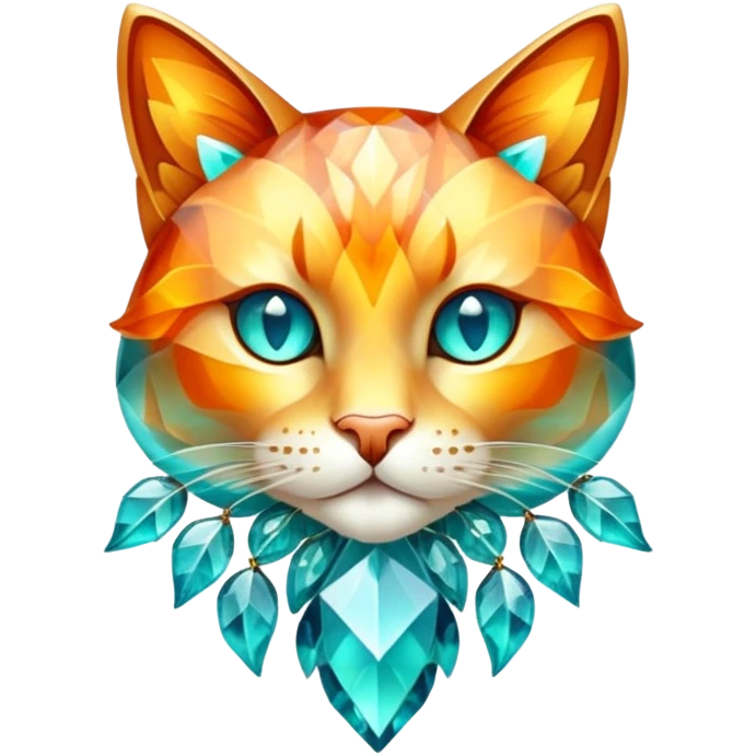 A feline creature with a crystalline body featuring autumn-colored gemstone segments, adorned with translucent leaf-like patterns that shimmer between turquoise and fiery amber when it moves through sunlight. emoji