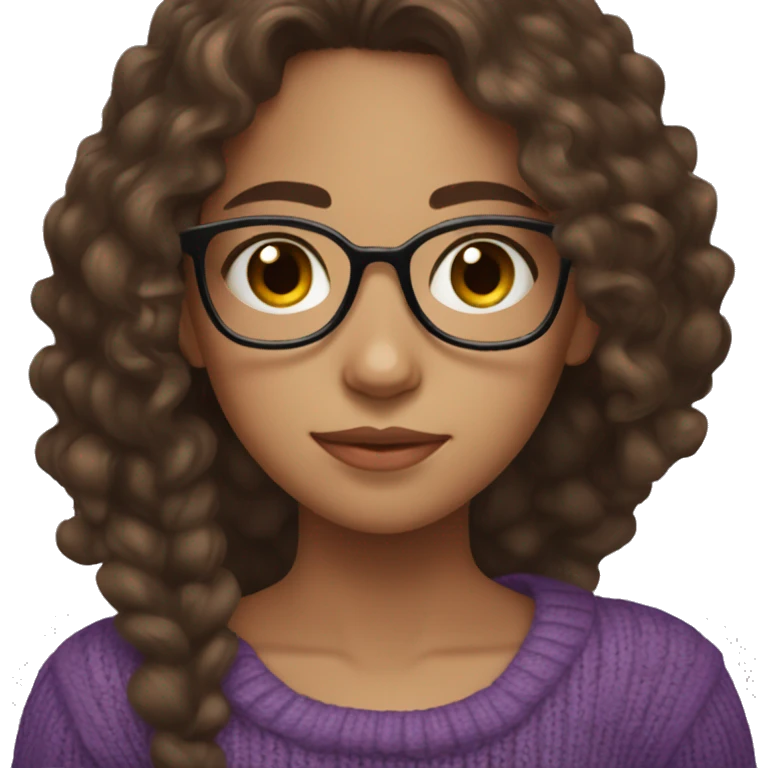 young girl, young hispanic, long brown hair, long curly brown hair, brown eyes, purple winter sweater, glasses emoji