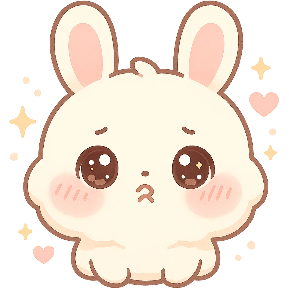 kawaii chibi-style bunny emoji with a round fluffy face, sparkly eyes, blushing cheeks, pastel color palette, pouty mood, soft rounded design, anime-style, sparkles and hearts, vector art emoji