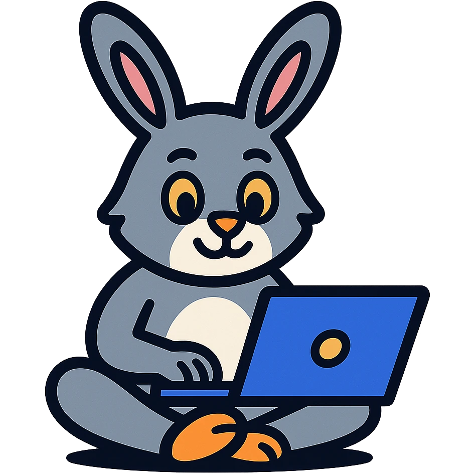 gray bunny sitting cross-legged with laptop in vibrant-toon style emoji