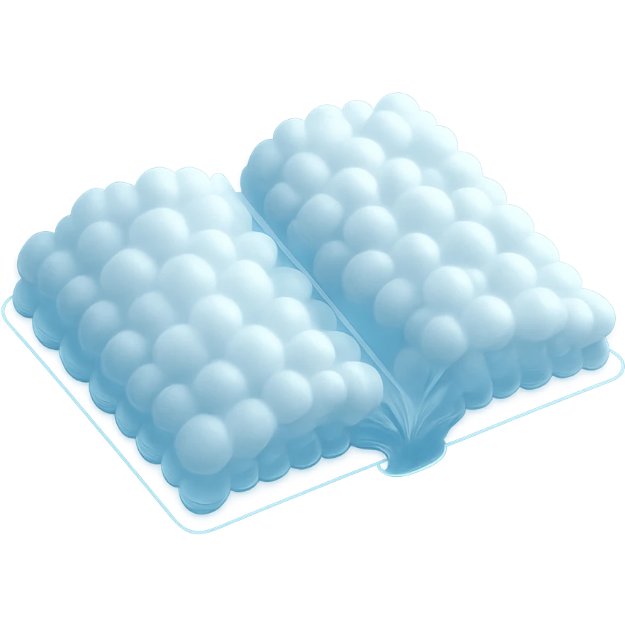 top view of a thick open book made entirely of small, very bright white fluffy convex clouds, matte glass style, emphasis on volume and airiness, no background emoji