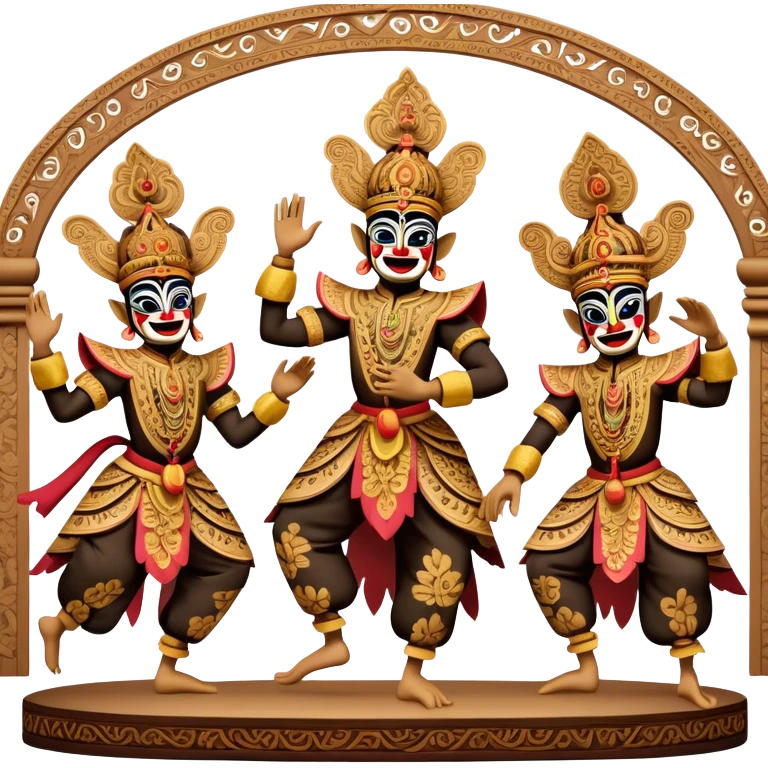 ​Cinematic Realistic Wayang Golek Ayun-ayun Dancers, depicted as intricately carved traditional wooden puppets in dynamic dance poses, adorned with vibrant painted details and expressive features, set against a softly lit stage that evokes centuries of Indonesian cultural heritage, rendered with lifelike textures and dramatic atmospheric lighting, emoji