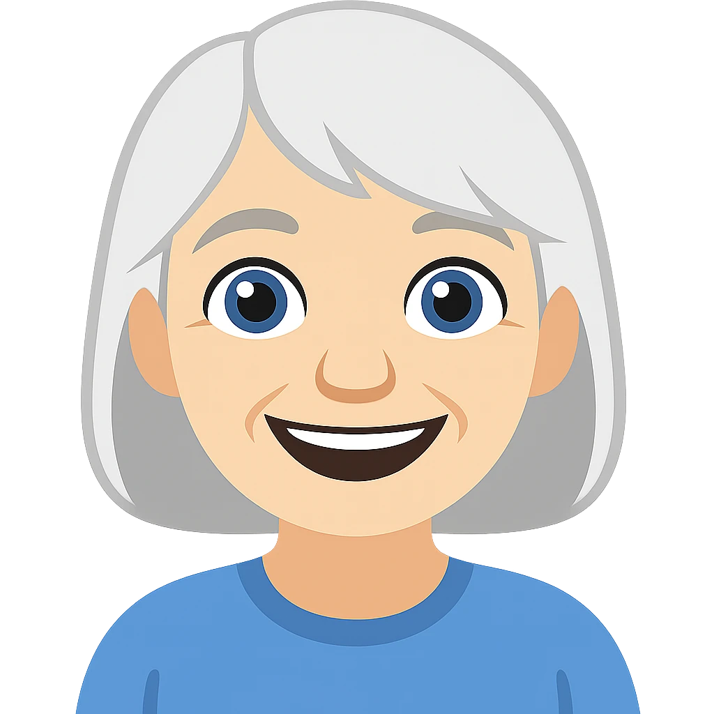 Make the older woman have a wider and expressive smile, in the style of Apple Memoji with flat colors and soft edges, no background. emoji