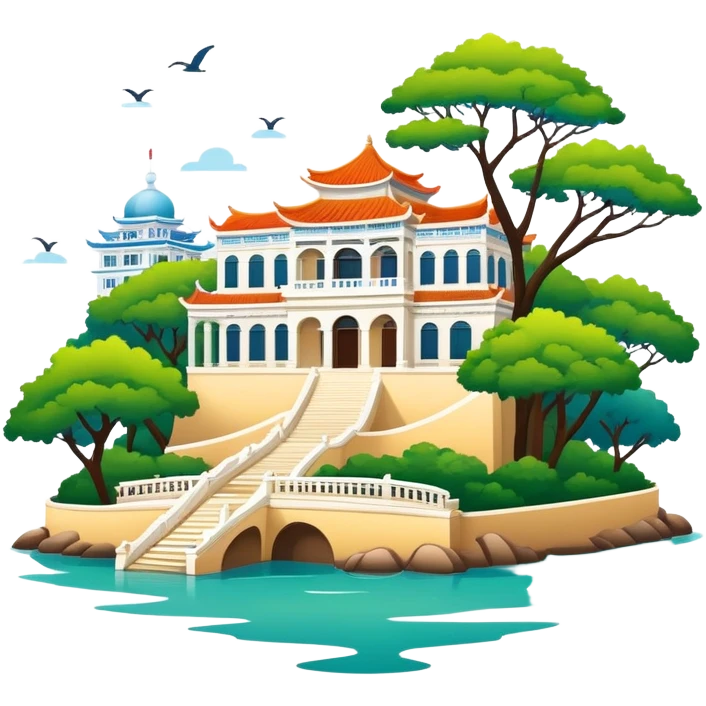 Xiamen Gulangyu Island with shady trees and colonial buildings, simplified emoji style with bold outlines and bright colors, cartoon style island with piano shape emoji