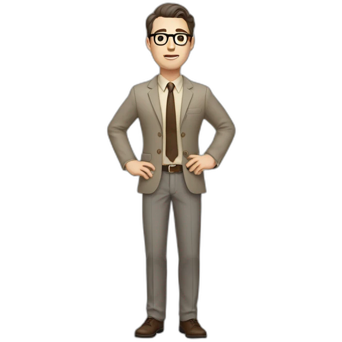 Full height Gesticulating Pale skinned fit man with dark brown hair in gray jacket, beige office shirt, brown tie, brown pants and vintage glasses. emoji