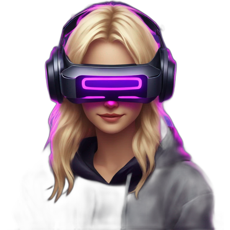 Russian blondy girl celebrating her birthday wearing a black hoodie and VR headset in a cyberpunk VR environment with violet neon lighting emoji