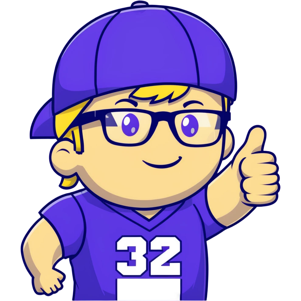 Man with black and white cap, purple sports jersey with number 32, clear glasses, light blond mullet hairstyle, thumbs up gesture, relaxed expression emoji