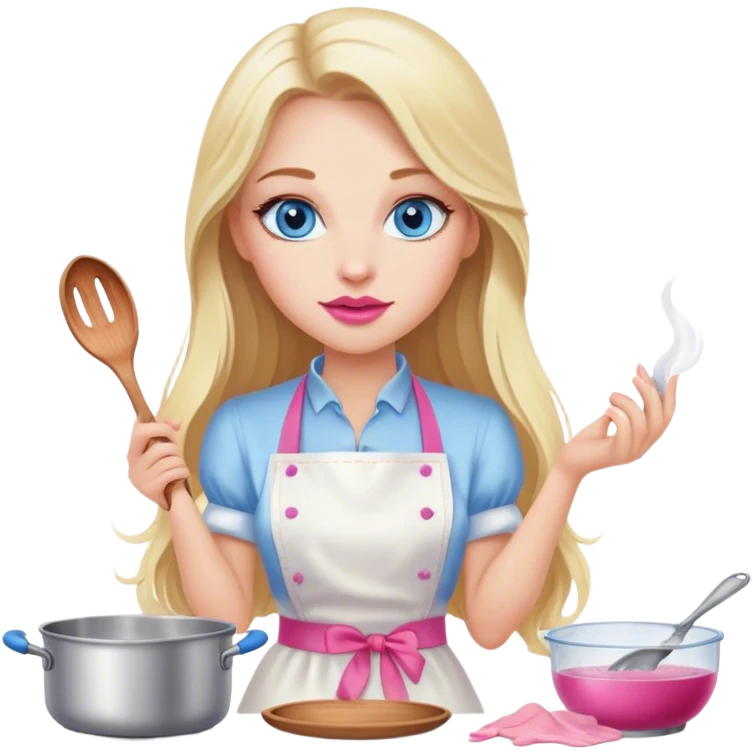 Cinematic realistic beautiful blonde with long hair, blue eyes and pink lips in a white dress cooks emoji