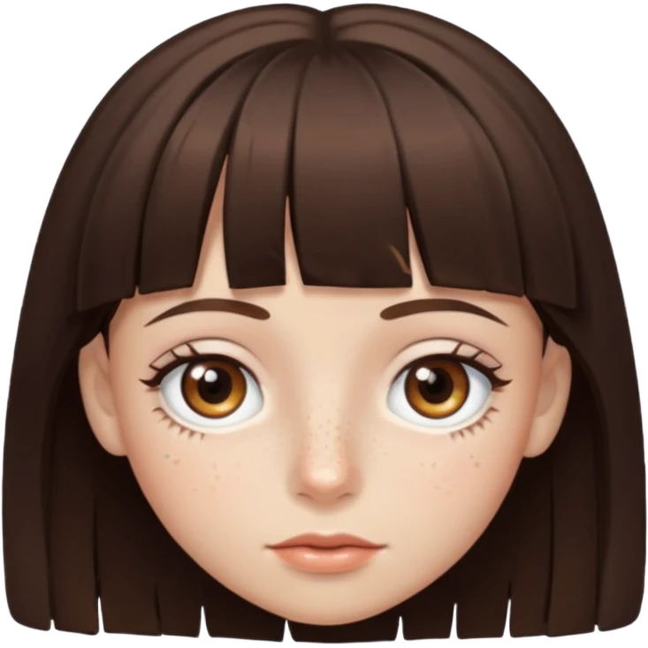 branca, olhos hazel, franjnha, pequenas sardas, cabelo castanho escuro, zoombir emoji