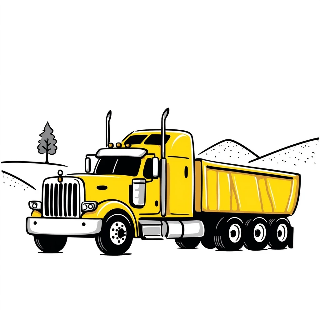 yellow sleeper semi truck with a large end dump trailer in a country landscape, hand drawn notion style doodle emoji