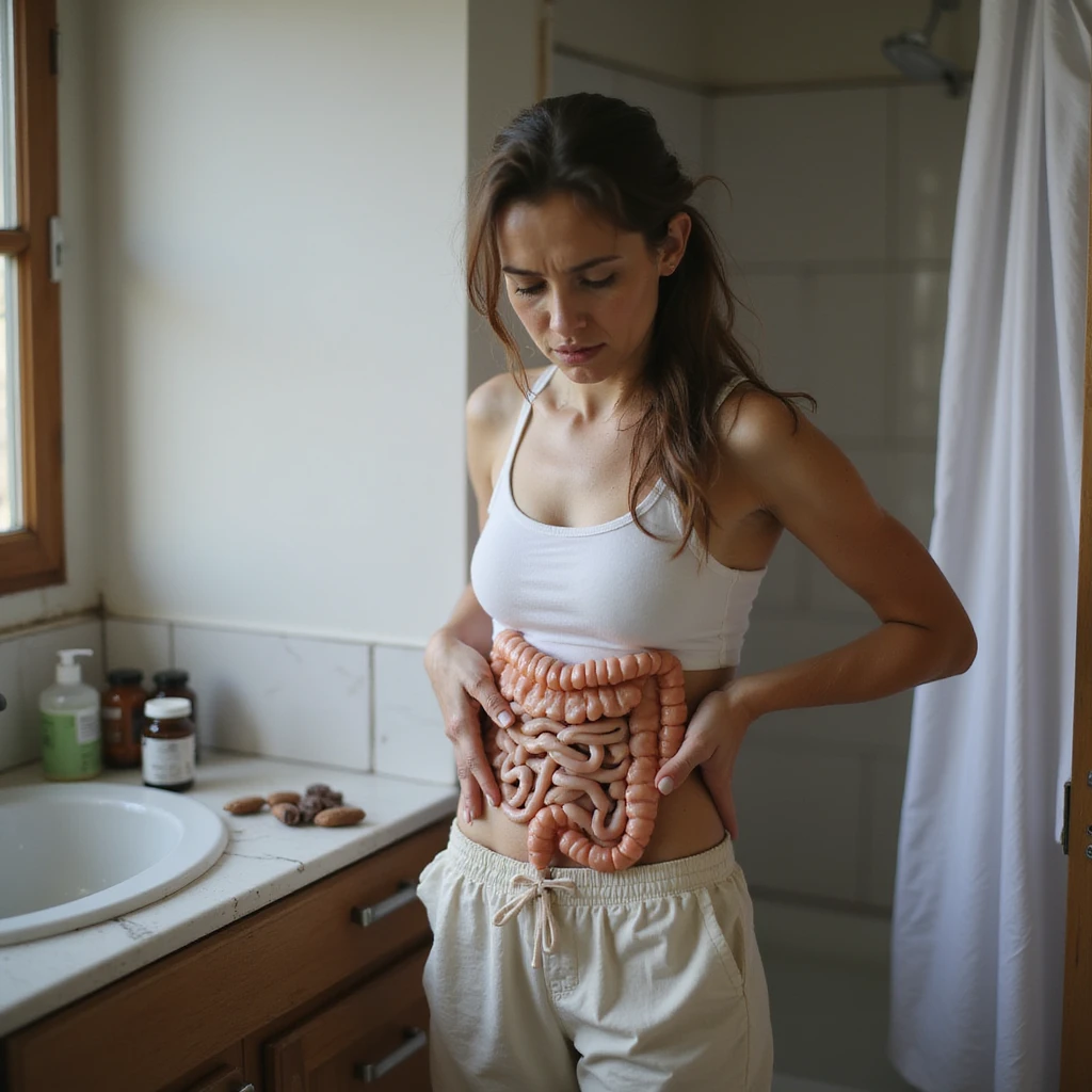 realistic image of a woman in bathroom with symptoms of intestinal dysbiosis, expression of discomfort, clinical details, visible supplements or medications, domestic environment emoji