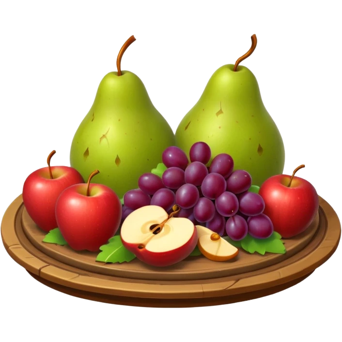 medieval fruit platter object icon, grapes apples pears, rustic plate, small honey drizzle, cozy medieval vibe, 3D cartoon, mobile game icon style, clean background, no text, no watermark
 emoji