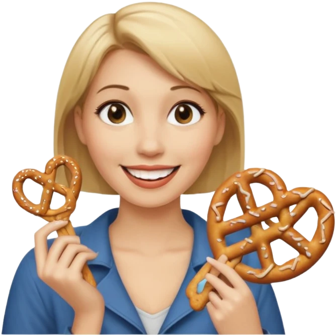 Short, Straight, Dirty blond hair, fair skin, woman holding pretzels and winking emoji