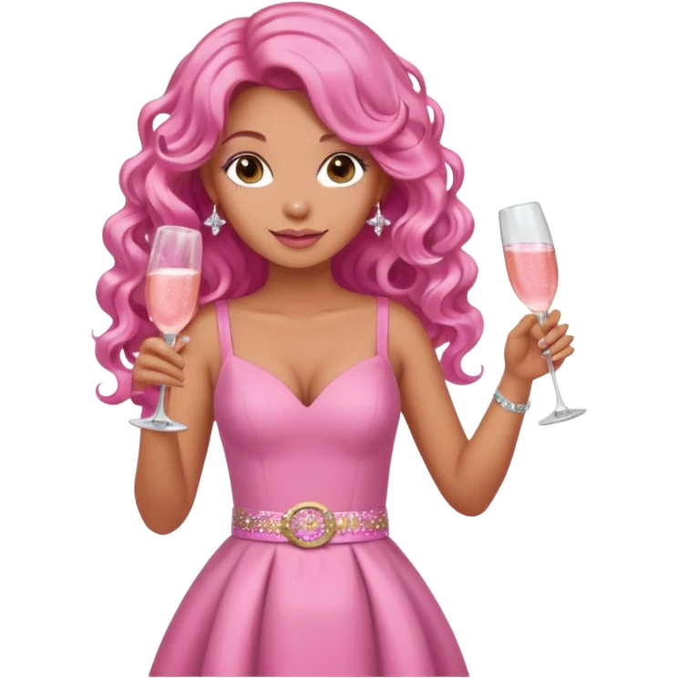One lady with long pink curled hair and tan skin wearing a pink dress with sparkly belt holding a glass of pink champagne in each hand emoji
