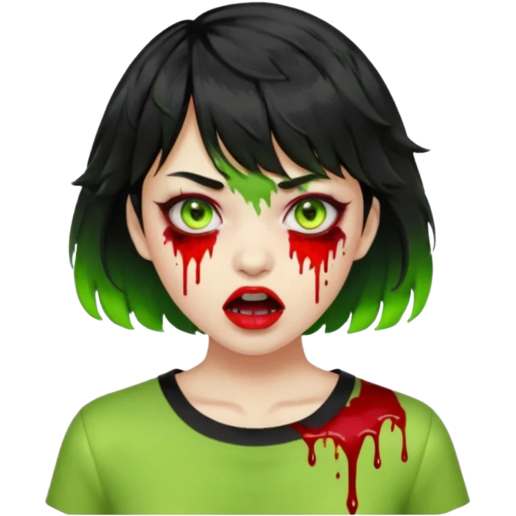 quero que você cria uma mulher, o rosto dela. nela, ela tem cabelo curto e ondulado(cabelo preto), tem franja. cor da pele é verde. os olhos arregalados e amarelos neon, e sai sangue deles. boca entreaberta e manchas de sangue na roupa.  emoji