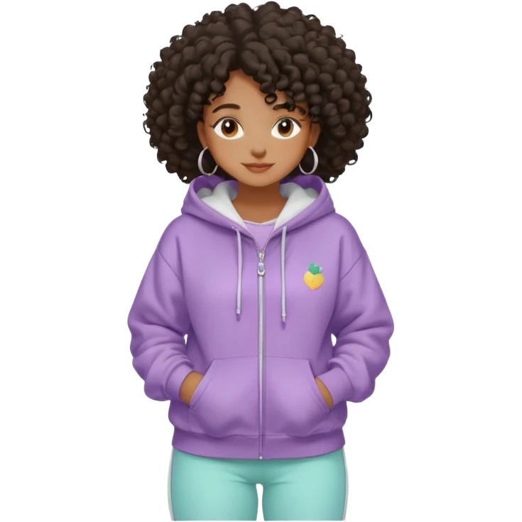 Black girl, clean girl aesthetic, 4C curly hair in a puff, pastel hoodie, white sneakers, minimal jewelry, soft smile, cozy vibe, bright colors, Apple-style dormindo  emoji
