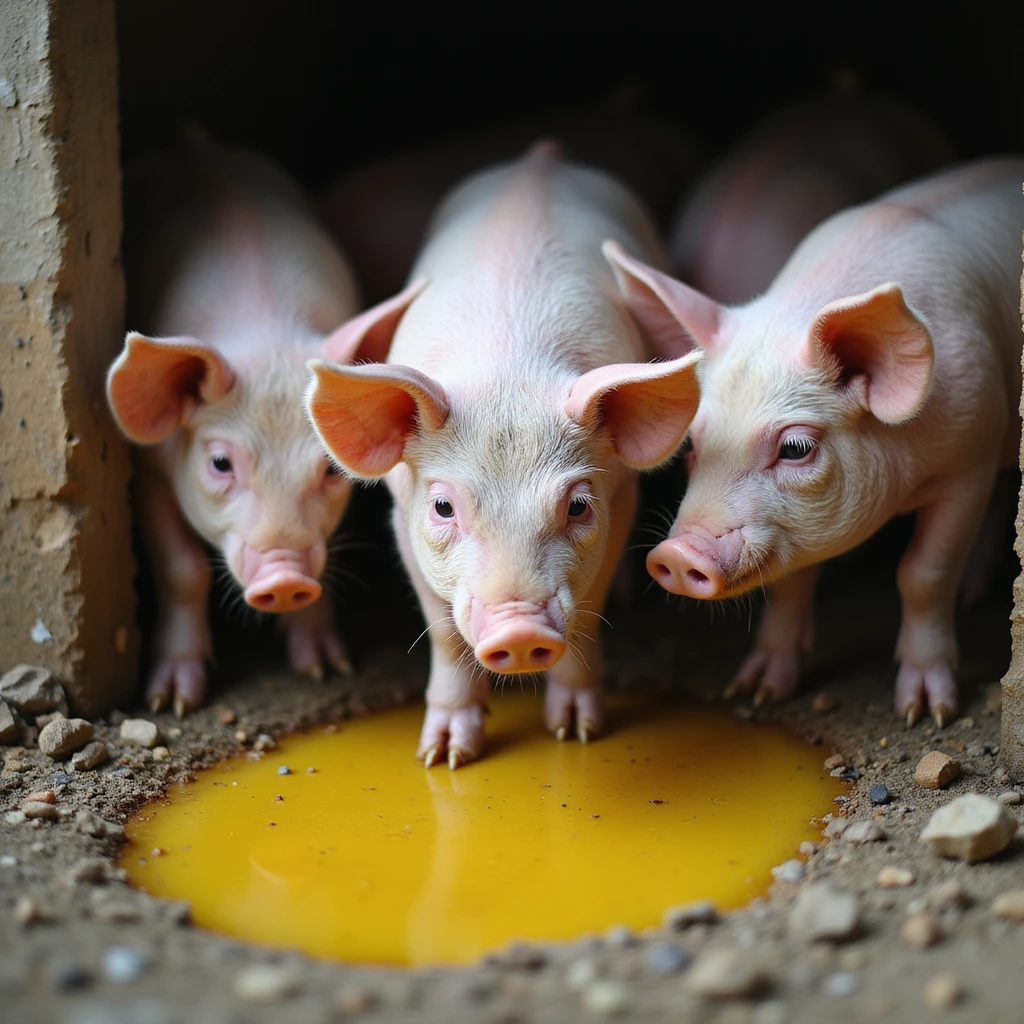 group of pigs in a pigsty, one drinking from a yellow puddle, realistic atmosphere, farming details, 4K quality emoji