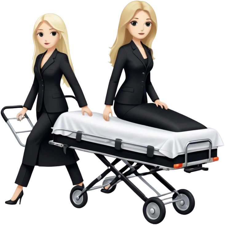 Two woman with long hair. One is brunette and one is blond. They have black pants suits on. And they are pushing a funeral stretcher in to a black Mercedes Vito funeral car. On the stretcher is a body covered in white sheets  emoji